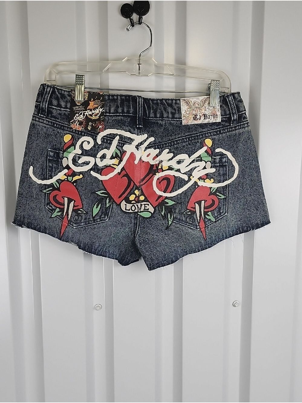 Ed Hardy Womens Heart Dagger Denim Shorts Cutoff Size Medium NWT Dark Wash